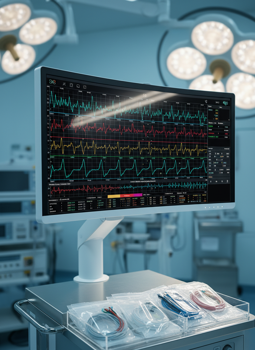 A close-up, photographic view of advanced IONM neurology equipment in action, centered on a wide medical monitor filled with intricately detailed, multicolored neurophysiological waveforms and latency graphs. Subtle, abstract icons stand in for any specific logos, hinting at collaboration with a trusted monitoring partner. The monitor is mounted on a slim, matte-white arm attached to a compact workstation with neatly coiled leads and sterile sensor packs arranged in trays. The background is softly blurred but clearly an operating room, with anesthetic machines and surgical lights hinted at in cool blue tones. Soft overhead lighting with a slight reflection on the screen adds realism. The mood is highly technical yet reassuring, composed using the rule of thirds to keep the main display dominant while suggesting integration within the broader surgical environment.
